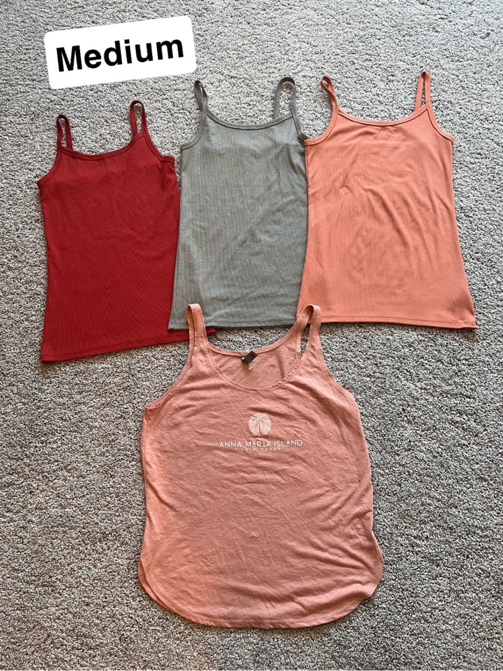 Pack of 4 Women's Ribbed & Graphic Tank Tops - Red, Gray, Peach, Salmon